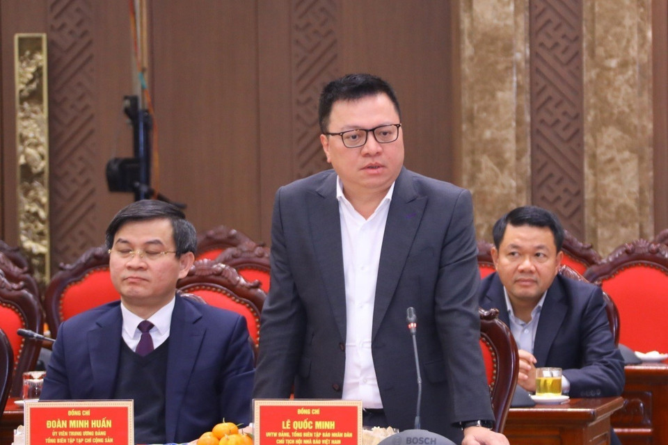 Ủy viên Trung ương Đảng, Tổng Biên tập Báo Nhân Dân Lê Quốc Minh phát biểu. (Ảnh: Văn Điệp/TTXVN)