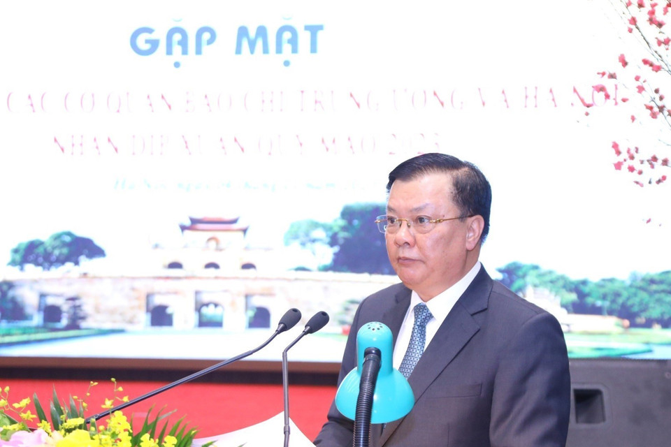 Bí thư Thành ủy Hà Nội Đinh Tiến Dũng phát biểu. (Ảnh: Văn Điệp/TTXVN)