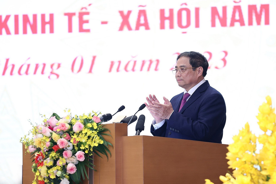 Thủ tướng Phạm Minh Chính phát biểu khai mạc hội nghị triển khai kế hoạch phát triển kinh tế-xã hội năm 2023. (Ảnh: Dương Giang/TTXVN)