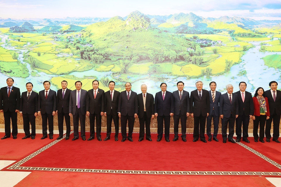 Tổng Bí thư Nguyễn Phú Trọng cùng các vị lãnh đạo Đảng, Nhà nước và đại biểu dự hội nghị. (Ảnh: Trí Dũng/TTXVN)