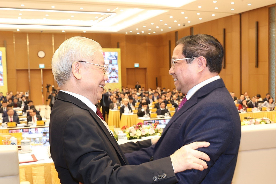 Tổng Bí thư Nguyễn Phú Trọng và Thủ tướng Chính phủ Phạm Minh Chính tại hội nghị. (Ảnh: Trí Dũng/TTXVN)