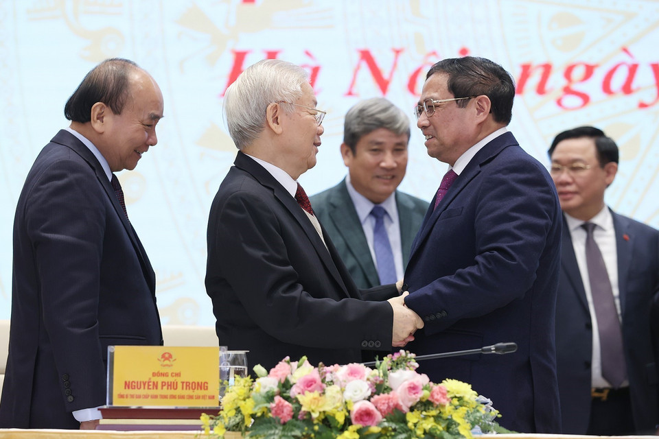 Tổng Bí thư Nguyễn Phú Trọng và Thủ tướng Phạm Minh Chính tại hội nghị. (Ảnh: Dương Giang/TTXVN)