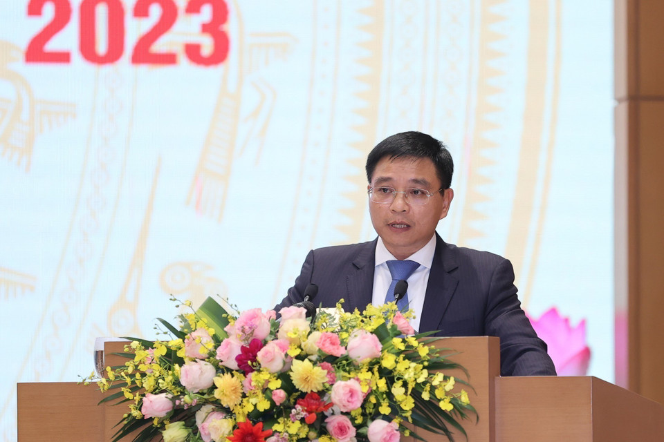 Bộ trưởng Bộ Giao thông Vận tải Nguyễn Văn Thắng phát biểu tham luận. (Ảnh: Dương Giang/TTXVN)