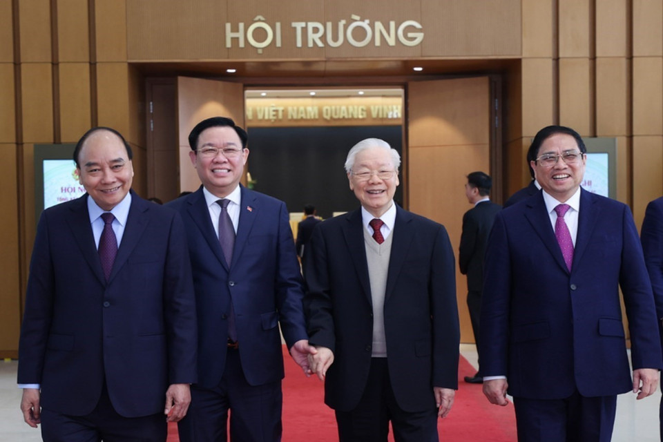 Tổng Bí thư Nguyễn Phú Trọng, Chủ tịch nước Nguyễn Xuân Phúc; Thủ tướng Phạm Minh Chính và Chủ tịch Quốc hội Vương Đình Huệ tại hội nghị. (Ảnh: Dương Giang/TTXVN)