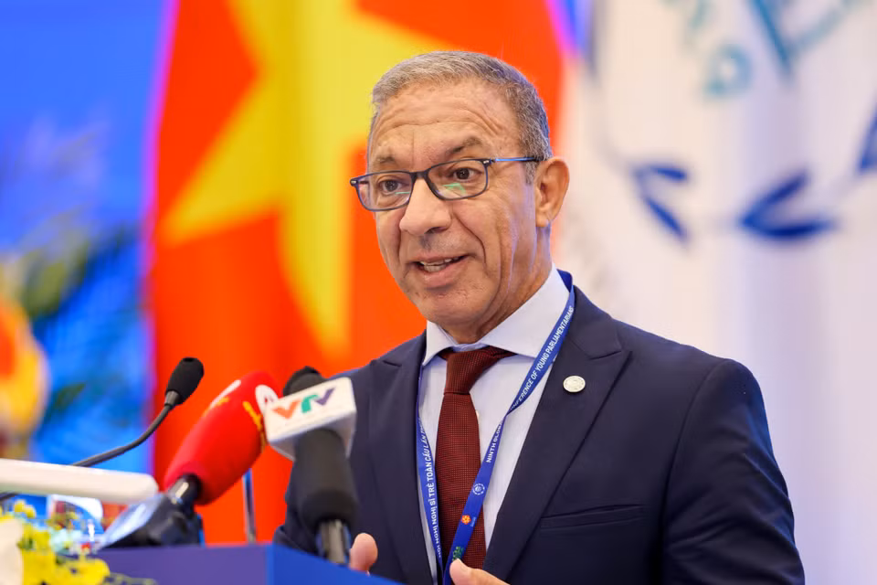 Ông Duarte Pacheco - Chủ tịch Liên minh Nghị viện Thế giới phát biểu tại lễ khai mạc. (Ảnh: Minh Sơn/Vietnam+)