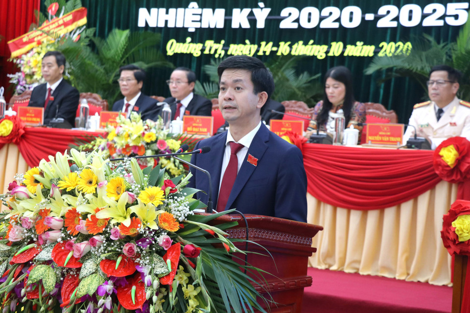 Bí thư Tỉnh ủy Quảng Trị Lê Quang Tùng phát biểu tại Đại hội. (Ảnh: Nguyên Lý/TTXVN)