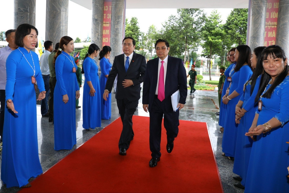 Ông Phạm Minh Chính, Ủy viên Bộ Chính trị, Bí thư Trung ương Đảng, Trưởng Ban Tổ chức Trung ương và ông Trần Thanh Mẫn, Bí thư Trung ương Đảng, Chủ tịch Ủy ban Trung ương Mặt trận Tổ quốc Việt Nam đến dự và chỉ đạo Đại hội. (Ảnh: Duy Khương/TTXVN)