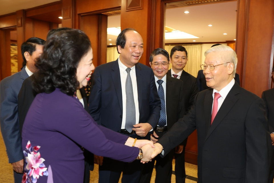 Tổng Bí thư, Chủ tịch nước Nguyễn Phú Trọng với các đại biểu dự phiên khai mạc Hội nghị. (Ảnh: Trí Dũng/TTXVN)