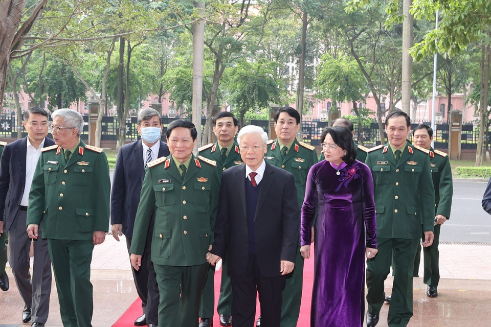 Tổng Bí thư, Chủ tịch nước Nguyễn Phú Trọng, Bí thư Quân ủy Trung ương đến dự Hội nghị. (Ảnh: Trí Dũng/TTXVN)