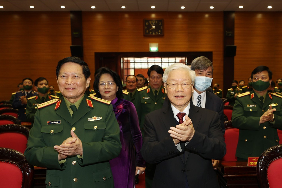 Tổng Bí thư, Chủ tịch nước Nguyễn Phú Trọng, Bí thư Quân ủy Trung ương đến dự Hội nghị. (Ảnh: Trí Dũng/TTXVN)