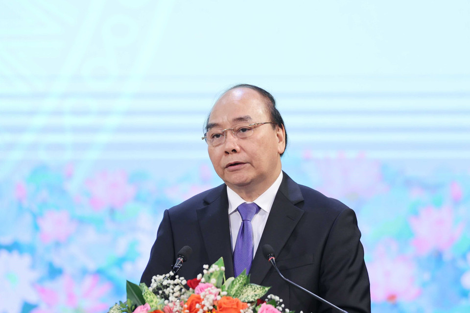 Thủ tướng Nguyễn Xuân Phúc đọc diễn văn tại lễ kỷ niệm. (Ảnh: Thống Nhất/TTXVN)