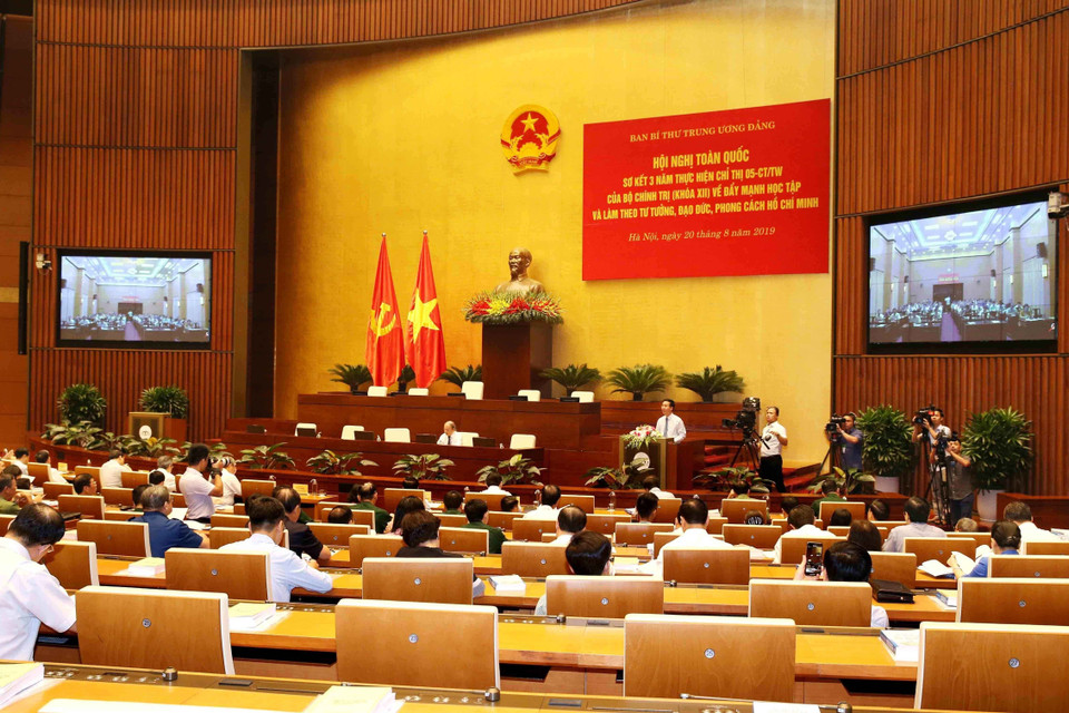 Hội nghị Sơ kết 3 năm thực hiện Chỉ thị 05-CT/TW của Bộ Chính trị về Đẩy mạnh học tập và làm theo tư tưởng, đạo đức, phong cách Hồ Chí Minh, ngày 20/8/2019, tại Hà Nội. (Ảnh: Phương Hoa/TTXVN)