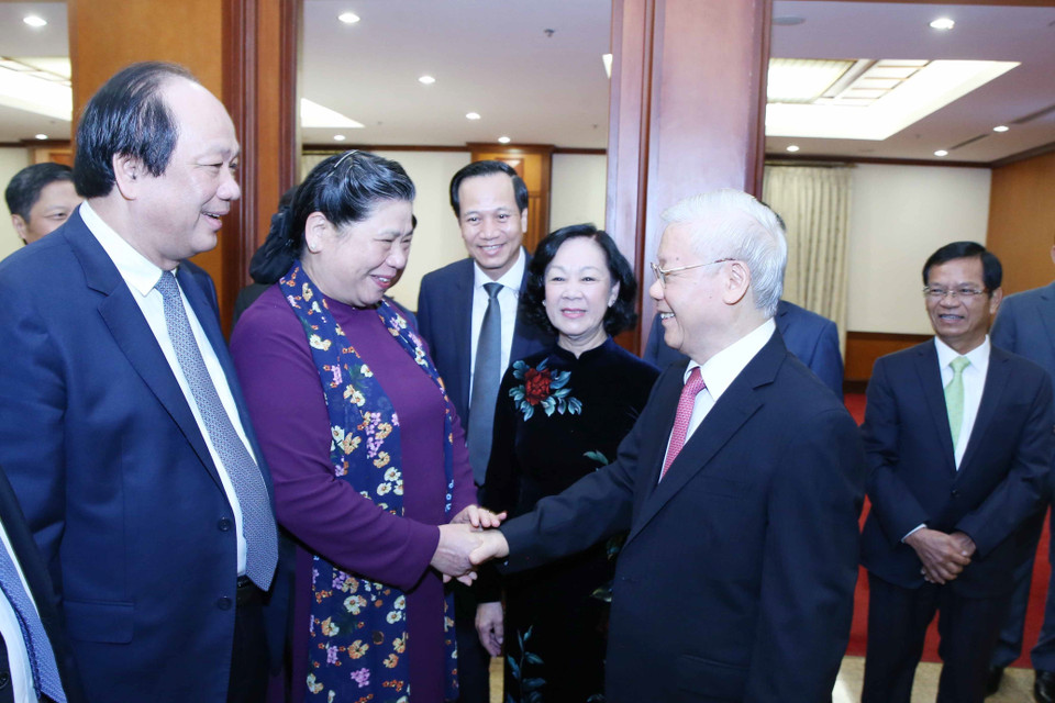 Tổng Bí thư, Chủ tịch nước Nguyễn Phú Trọng với các đại biểu tham dự Hội nghị. (Ảnh: Phương Hoa/TTXVN)