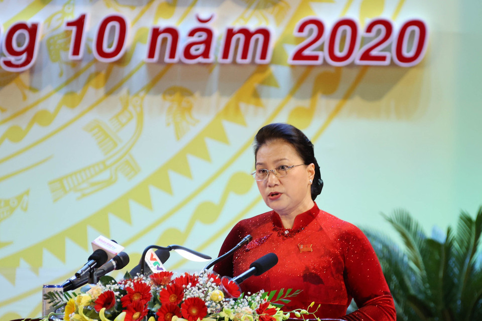 Chủ tịch Quốc hội Nguyễn Thị Kim Ngân phát biểu tại Đại hội đại biểu Đảng bộ tỉnh Khánh Hòa lần thứ XVIII. (Ảnh: Trọng Đức/TTXVN)