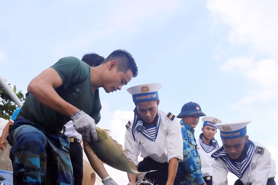 Thành quả một mẻ đánh bắt hải sản để cải thiện bữa ăn của chiến sỹ đảo Thuyền Chài B. (Ảnh: Danh Lam/TTXVN)