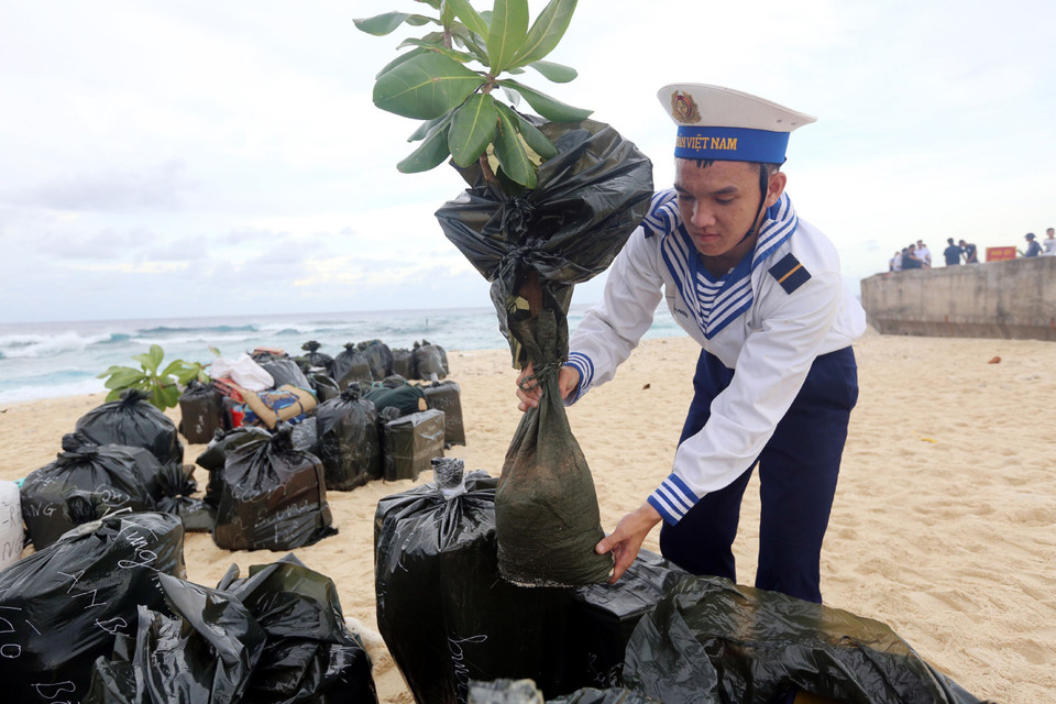 Chiến sỹ đảo An Bang hoàn thành nhiệm vụ, chuẩn bị lên tàu về nhà ăn Tết, không quên mang theo cây bàng vuông làm kỷ niệm. (Ảnh: Danh Lam/TTXVN)