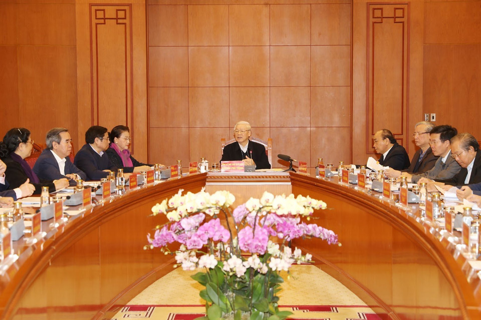 Tổng Bí thư, Chủ tịch nước Nguyễn Phú Trọng, Trưởng Tiểu ban Văn kiện Đại hội XIII của Đảng phát biểu khai mạc cuộc họp. (Ảnh: Trí Dũng/TTXVN)