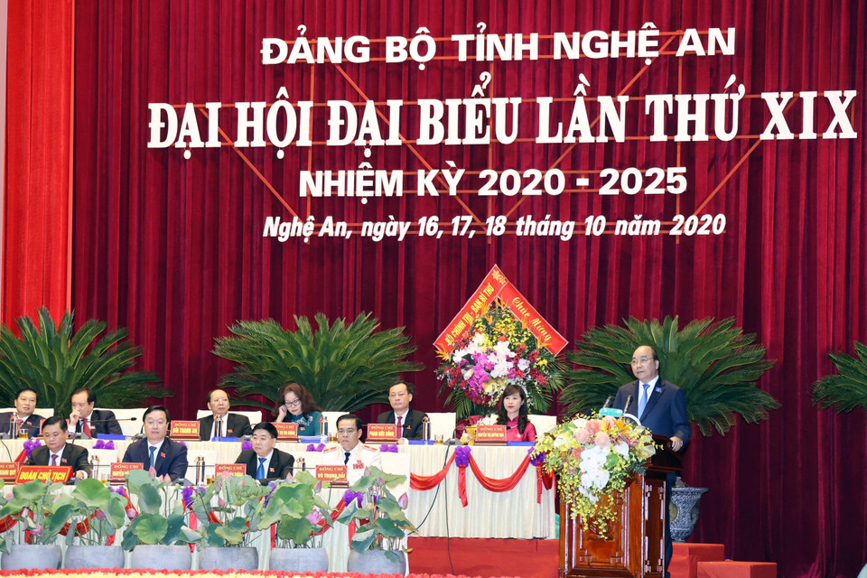 Ủy viên Bộ Chính trị, Thủ tướng Chính phủ Nguyễn Xuân Phúc phát biểu chỉ đạo Đại hội. (Ảnh: Thống Nhất/TTXVN)