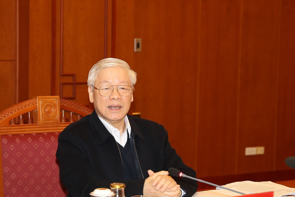 Tổng Bí thư, Chủ tịch nước Nguyễn Phú Trọng, Trưởng Tiểu ban Văn kiện Đại hội XIII của Đảng phát biểu khai mạc cuộc họp. (Ảnh: Trí Dũng/TTXVN)