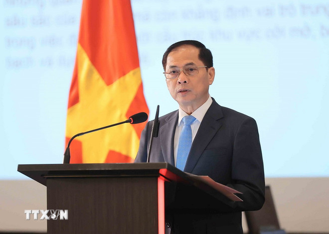 Phó Thủ tướng, Bộ trưởng Ngoại giao Bùi Thanh Sơn phát biểu. (Ảnh: An Đăng/TTXVN) ttxvn-pho-thu-tuong-bo-truong-ngoai-giao-bui-thanh-son-2.jpg
