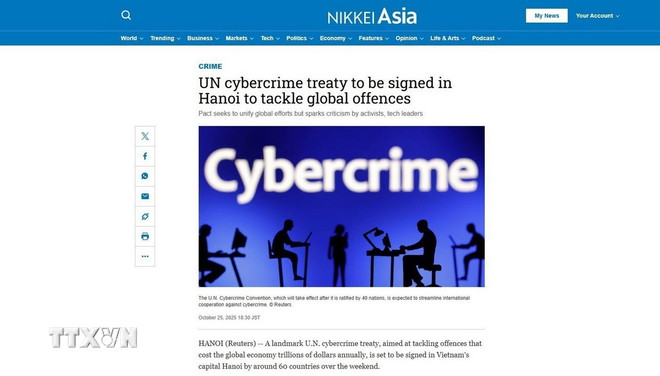 Nikkei Asia a citat Reuters, declarând că Convenția de la Hanoi va eficientiza cooperarea internațională împotriva criminalității cibernetice în creștere. (Foto: Nguyen Tuyen/VNA) ttxvn-cong-uoc-ha-noi-nikkei.jpg