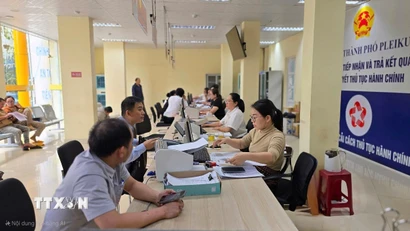 Thực hiện thủ tục đăng ký giấy phép kinh doanh tại Gia Lai. (Ảnh: Quang Thái/TTXVN)