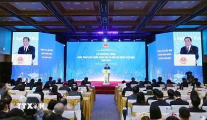 Chủ tịch Quốc hội Trần Thanh Mẫn phát biểu tại Lễ hưởng ứng Ngày Pháp luật Việt Nam 2025. (Ảnh: Phạm Kiên/TTXVN)