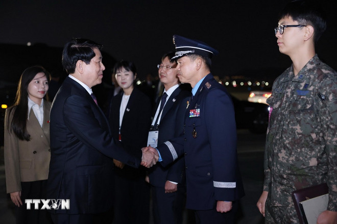 Vyprovázení prezidenta Luong Cuonga na letišti v Gimhae, čímž úspěšně zakončil svou cestu k účasti na 32. týdnu summitu APEC a bilaterální práci v Korejské republice. (Foto: Lam Khanh/VNA) ttxvn-chu-tich-nuoc-ket-thuc-tot-dep-chuyen-tham-du-apec-lan-thu-32-2.jpg