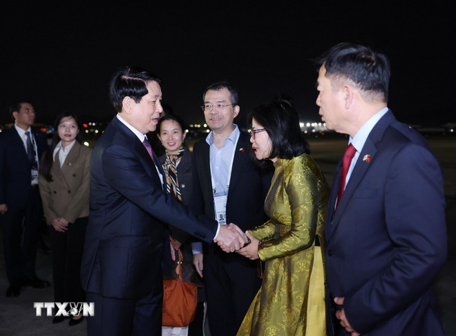 Vyprovázení prezidenta Luong Cuonga na letišti v Gimhae, čímž úspěšně zakončil svou cestu k účasti na 32. týdnu summitu APEC a bilaterální práci v Korejské republice. (Foto: Lam Khanh/VNA) ttxvn-chu-tich-nuoc-ket-thuc-tot-dep-chuyen-tham-du-apec-lan-thu-32-3.jpg