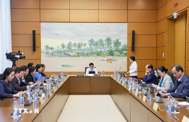 Delegationer från nationalförsamlingsledamöter från Dien Bien-provinsen och staden Can Tho diskuterar i grupper. (Foto: Doan Tan/VNA) ttxvn-dai-bieu-quoc-hoi.jpg