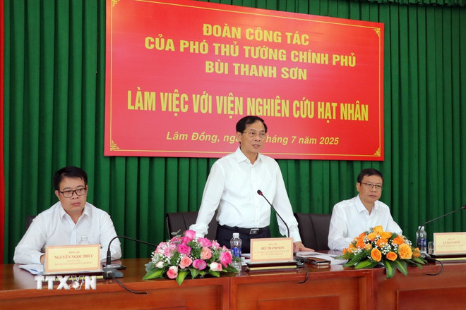 Phó Thủ tướng Bùi Thanh Sơn phát biểu chỉ đạo tại cuộc làm việc với Viện nghiên cứu hạt nhân đóng tại Đà Lạt. (Ảnh: Chu Quốc Hùng/TTXVN) ttxvn-pho-thu-tuong-bui-thanh-son-vien-nghien-cuu-hat-nhan-tai-da-lat-1.jpg
