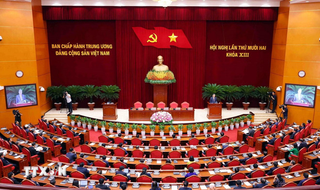 Quang cảnh phiên bế mạc Hội nghị lần thứ 12 Ban Chấp hành Trung ương Đảng khóa XIII. (Ảnh: Phạm Kiên/TTXVN)