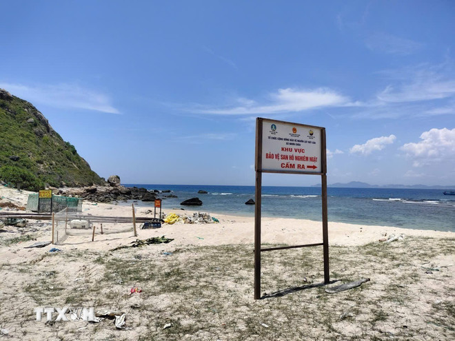 Skylt för skyddsområde för korallrev placerad på kusten i ökommunen Nhon Chau, Gia Lai. (Foto: VNA) ttxvn-xa-dao-nhon-chau.jpg