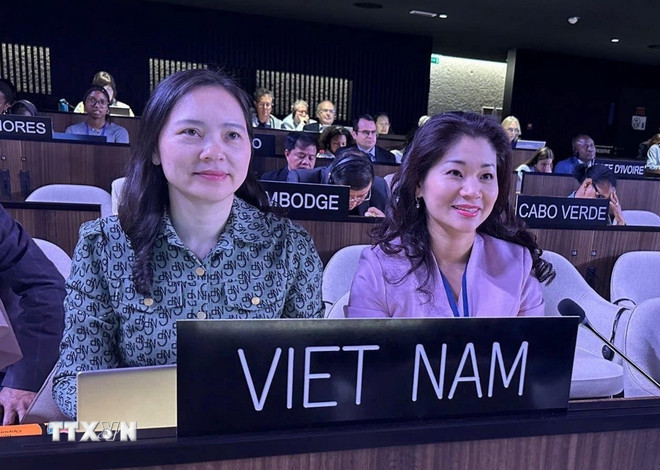 Đại sứ, Trưởng Phái đoàn thường trực Việt Nam bên cạnh UNESCO Nguyễn Thị Vân Anh (bên trái) và Tiến sỹ Nguyễn Phương Hòa, Cục trưởng Cục Hợp tác quốc tế (Bộ Văn hóa, Thể thao và Du lịch) tham dự Kỳ họp Công ước 2005. (Ảnh: TTXVN phát) ttxvn-uy-ban-lien-chinh-phu-cong-uoc-2005-cua-unesco.jpg