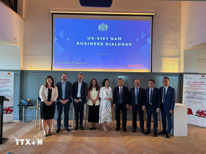 Ministrul adjunct Nguyen Hoang Long a făcut o fotografie suvenir cu delegații participanți la Forumul de Afaceri Vietnam-Regatul Unit în marja celei de-a 14-a reuniuni a Comitetului mixt Vietnam-Regatul Unit pentru cooperare economică și comercială. (Foto: VNA) ttxvn-jetco.jpg