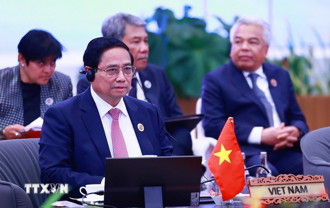 Thủ tướng Phạm Minh Chính dự và phát biểu tại phiên Đối thoại với đại diện Hội đồng liên Nghị viện ASEAN (AIPA). Ảnh: Dương Giang/TTXVN