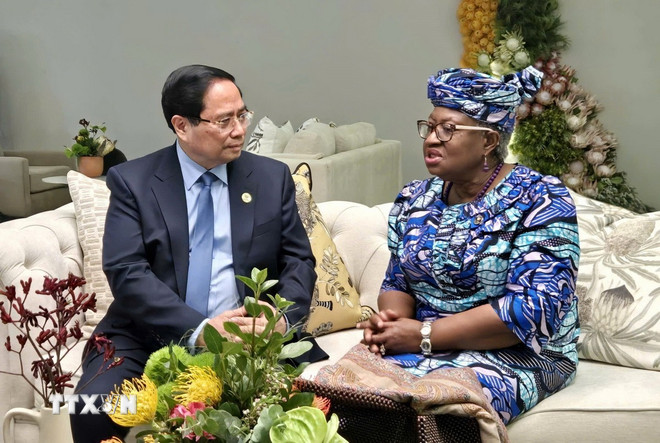 Le Premier ministre Pham Minh Chinh a rencontré Mme Ngozi Okonjo-Iweala, directrice générale de l'Organisation mondiale du commerce (OMC). (Photo : VNA) ttxvn-thu-tuong-pham-minh-chinh-gap-tong-giam-doc-wto.jpg