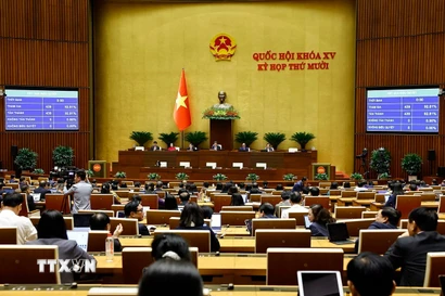 Quốc hội biểu quyết thông qua Nghị quyết về việc thực hiện một số nghị quyết của Quốc hội nhiệm kỳ khóa XIV và khóa XV về giám sát chuyên đề, chất vấn. (Ảnh: Doãn Tấn/TTXVN)