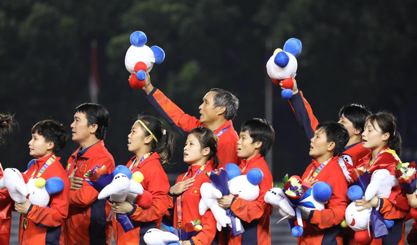 Đội tuyển nữ Việt Nam quyết tâm bảo vệ tấm huy chương vàng ở SEA Games 31. (Ảnh: PV/Vietnam+) 