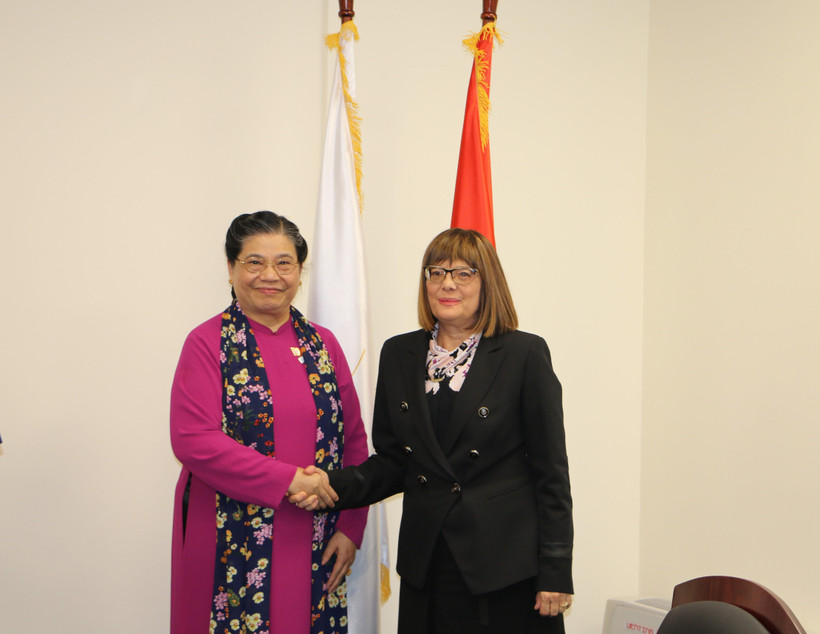 Phó Chủ tịch thường trực Quốc hội Tòng Thị Phóng hội kiến Chủ tịch Quốc hội Serbia Maja Gojkovic. (Nguồn: TTXVN)