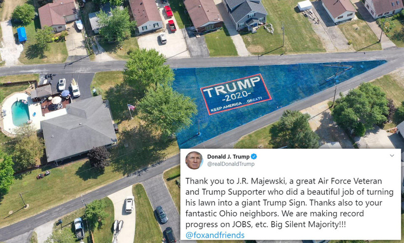 Cựu chiến binh biến bãi cỏ thành banner khổng lồ ủng hộ ông Trump