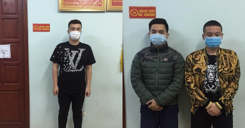 3 đối tượng gây mất trật tự và vi phạm quy định cấm tụ tập đông người trong thời gian cách ly dịch COVID-19. (Ảnh: PV/Vietnam+)