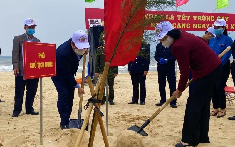 Phó Chủ tịch nước Đặng Thị Ngọc Thịnh trồng cây đầu Xuân Tân Sửu tại Quảng Bình. (Ảnh: Nhân dân)