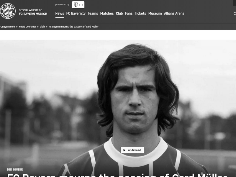 Trang chủ của câu lạc bộ Bayern đã đổi sang màu đen để thương tiếc Gerd Müller, người đã qua đời ở tuổi 75. (Ảnh chụp màn hình/(Nguồn: Fcb.com)