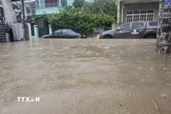 Nhiều ôtô bị ngập ở phường Bắc Nha Trang. (Ảnh: Đặng Tuấn/TTXVN)