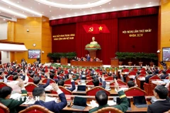 Các đồng chí Ủy viên Trung ương biểu quyết thông qua danh sách bầu Bộ Chính trị khóa XIV. (Ảnh TTXVN)