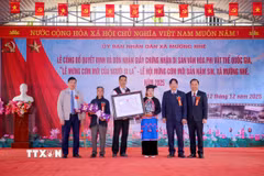 Lãnh đạo Sở Văn hóa, Thể thao và Du lịch tỉnh Điện Biên, lãnh đạo xã Mường Nhé trao Giấy Chứng nhận Di sản Văn hóa Phi vật thể Quốc gia “Lễ mừng cơm mới của người Si La” cho chủ thể di sản văn hóa. (Ảnh: TTXVN phát)