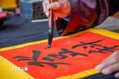 Mỗi câu chữ vừa là ước nguyện, vừa là lời nhắc nhở để mọi người hướng tới những giá trị tốt đẹp hơn trong cuộc sống. (Ảnh: Khánh Hòa/TTXVN)