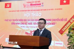 Nhà báo Lê Quốc Minh, Ủy viên Trung ương Đảng, Tổng Biên tập Báo Nhân Dân, Chủ tịch Hội Nhà báo Việt Nam phát biểu tại hội thảo. (Ảnh: Quốc Lũy/TTXVN)