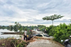 Hợp tác xã nông nghiệp Phú Hồ, xã Phú Hồ, huyện Phú Vang, thành phố Huế huy động nhân lực, máy bơm tiêu úng cứu lúa cho nông dân sau đợt mưa lớn do ảnh hưởng của bão số 1. (Ảnh: Tường Vi/TTXVN)